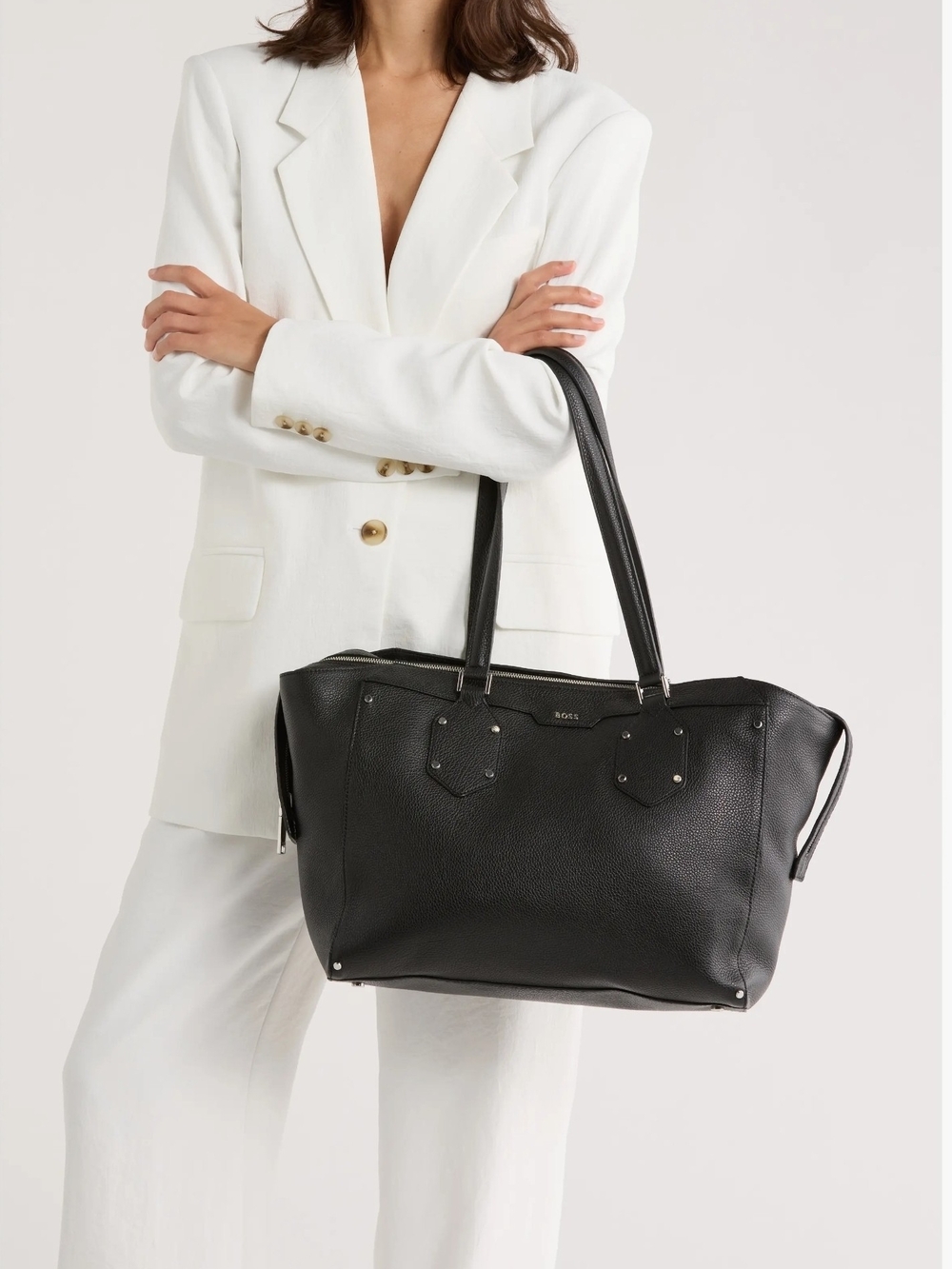 Boss Ivy Black Leather Tote Bag - Pebbled Shoulder Tote